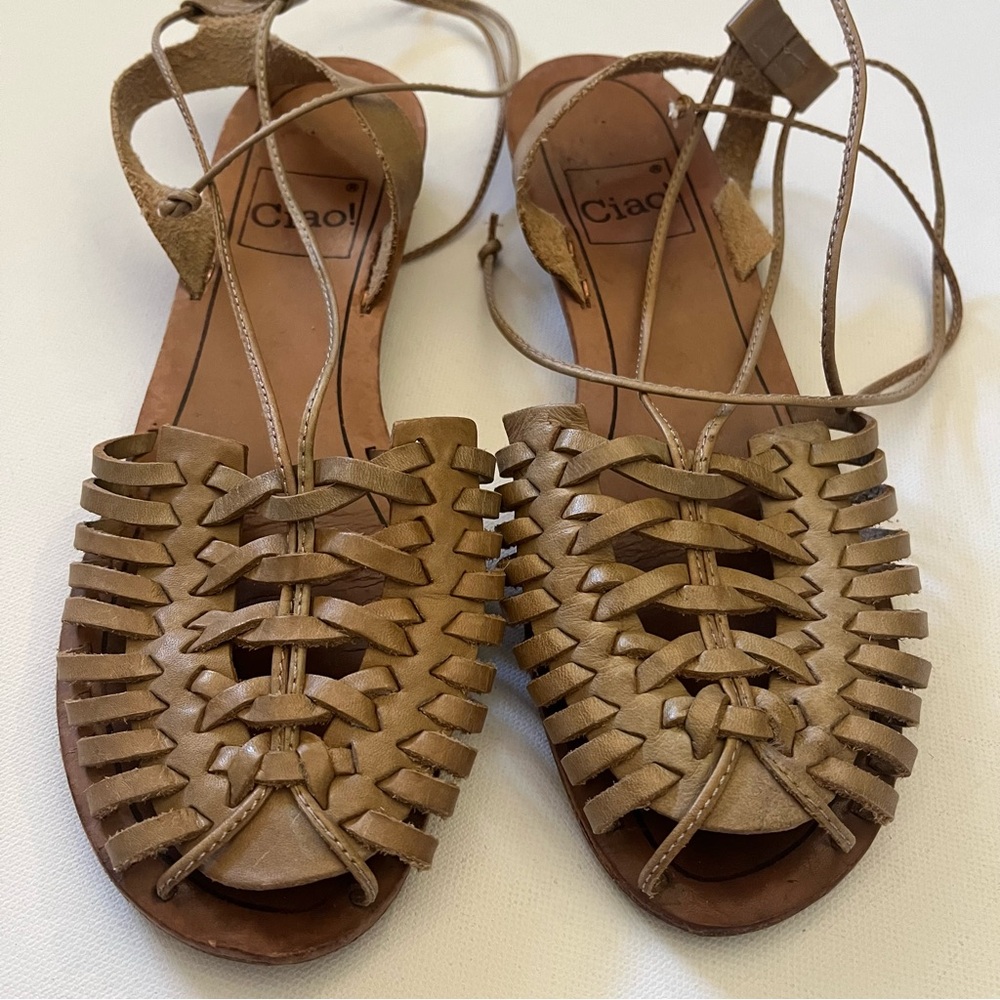 Vintage CIAO! Tan Leather Ankle Wrap Leather Flats size 7